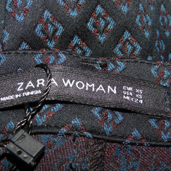 Zara Women's XS Black Blue Red Diamond Pattern Pant - New w Tag - Picture 2 of 12